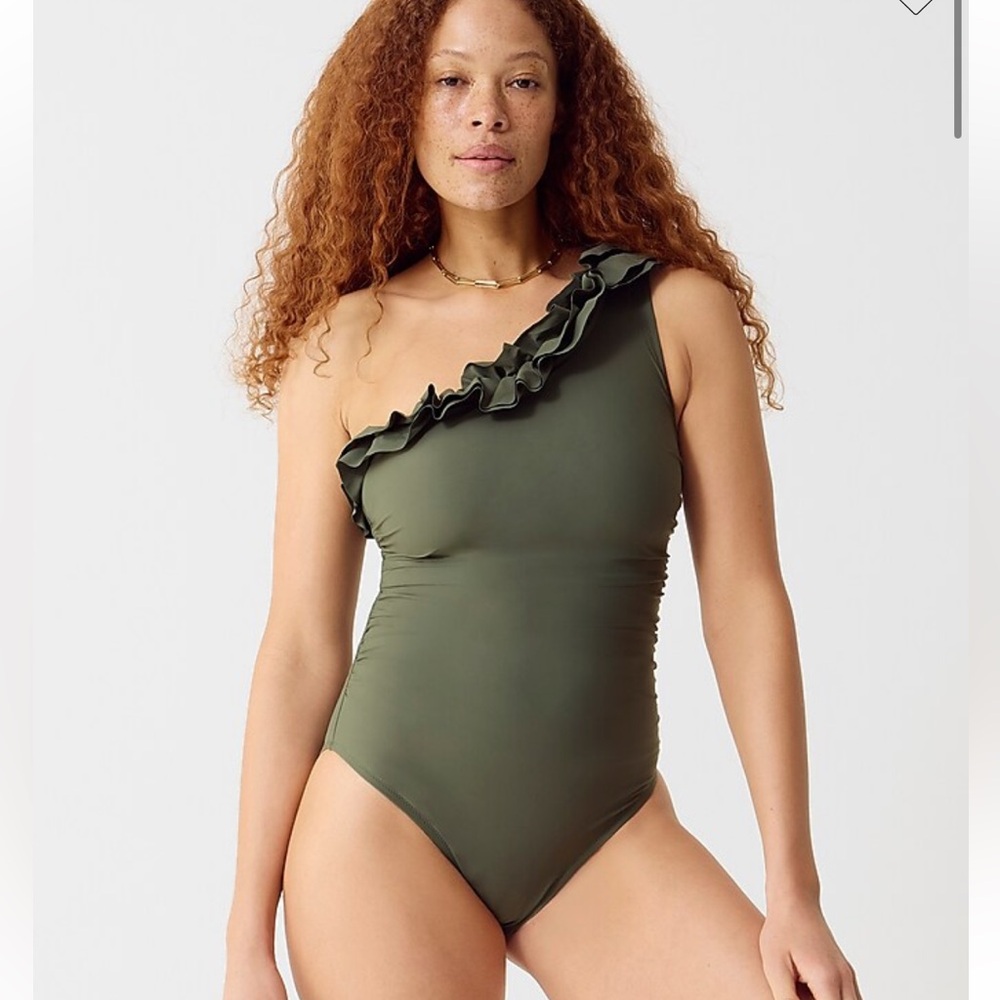 J. Crew Olive Green One-Shoulder Ruffle One-Piece Swimsuit Size 14 NWT